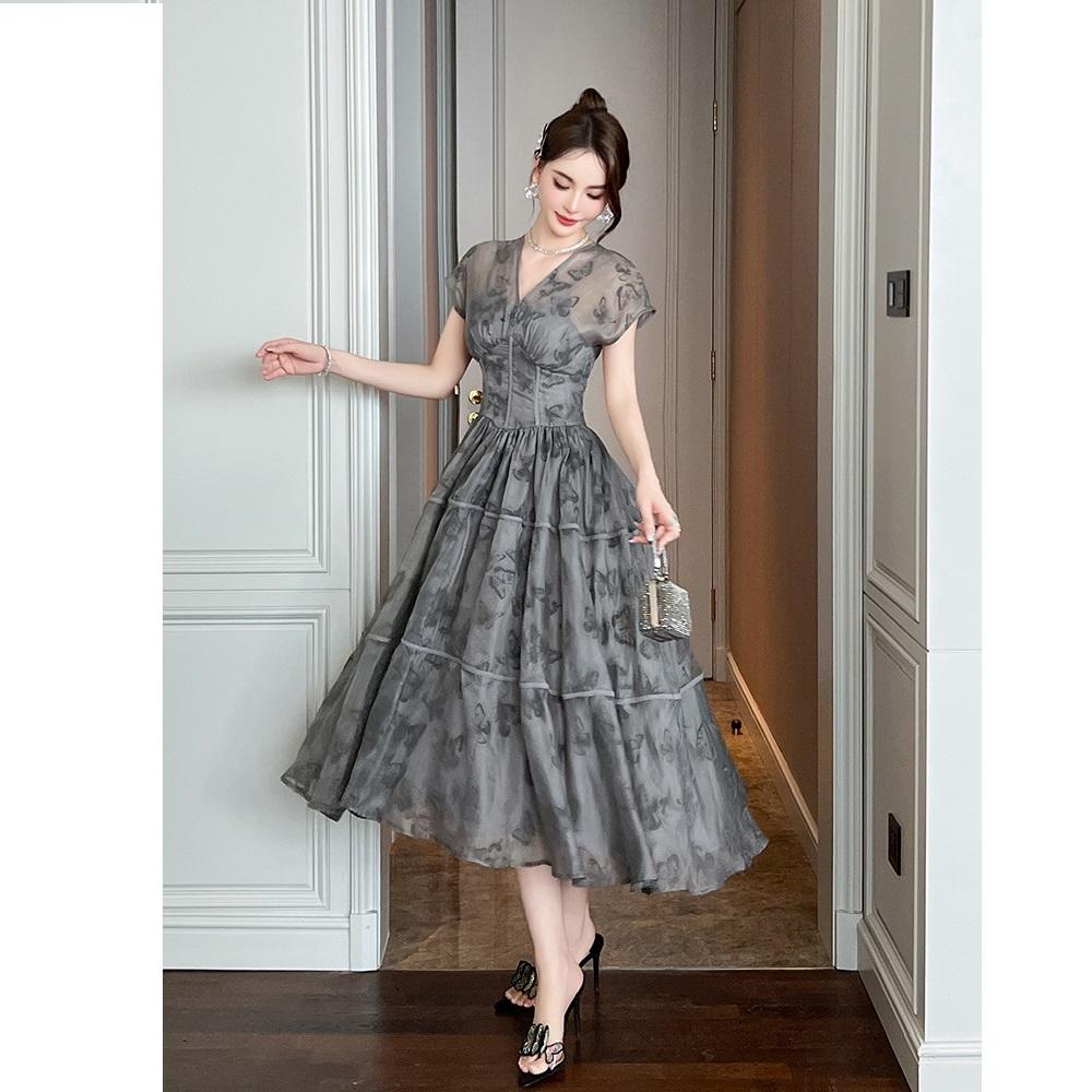 Summer Women's French Retro V-neck Temperament, Waist Cinching Printed Large Swing Long Dress