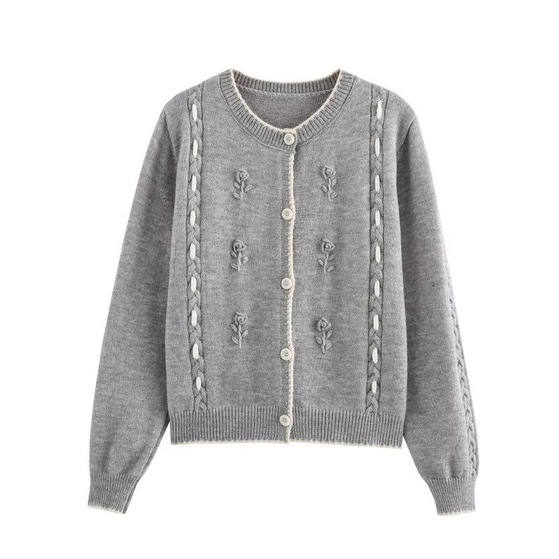 Kaslead New Arrival Women's Clothing Fashion Style Three-Dimensional Flower Contrast Color Hook Cable Stitch round Neck Knitting Cardigan Outwear