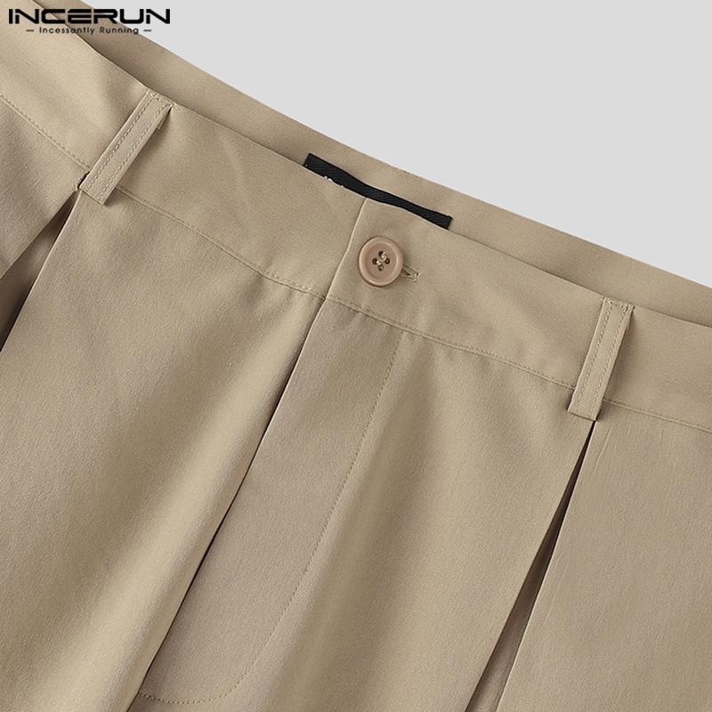 INCERUN Men Zipper Button Waist Solid Pleated Casual Long Pants Trousers