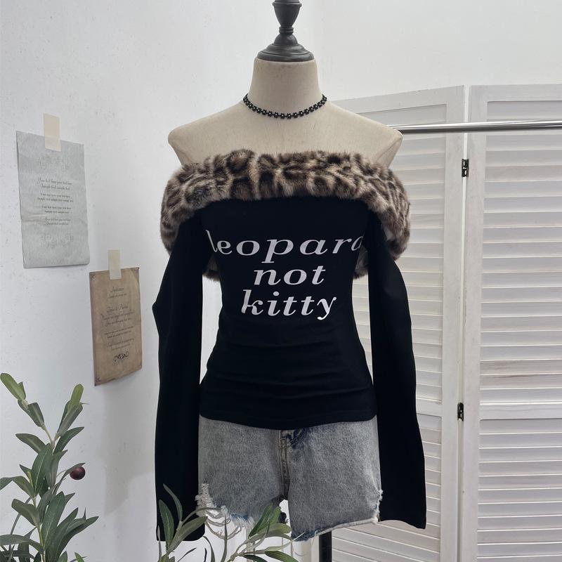 

Leopard Print Off-Shoulder Slim-Fit Long-Sleeve T-Shirt with Removable Fur Collar One Size чорний