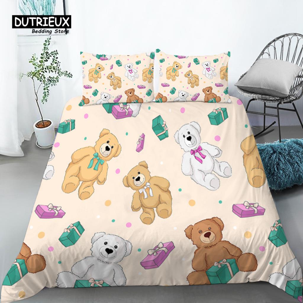 Funny Cartoon Animals Duvet Cover With Pillowcases Bear Chicken Rabbit Lions 3D Print Toddler Bedding Set For Kids Teens Decor