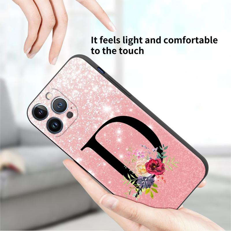 Letter A B C Flowers Pink Case For Apple iPhone 11 15 13 14 Pro Max 12 Plus X 15Pro Black Silicone Phone Coque