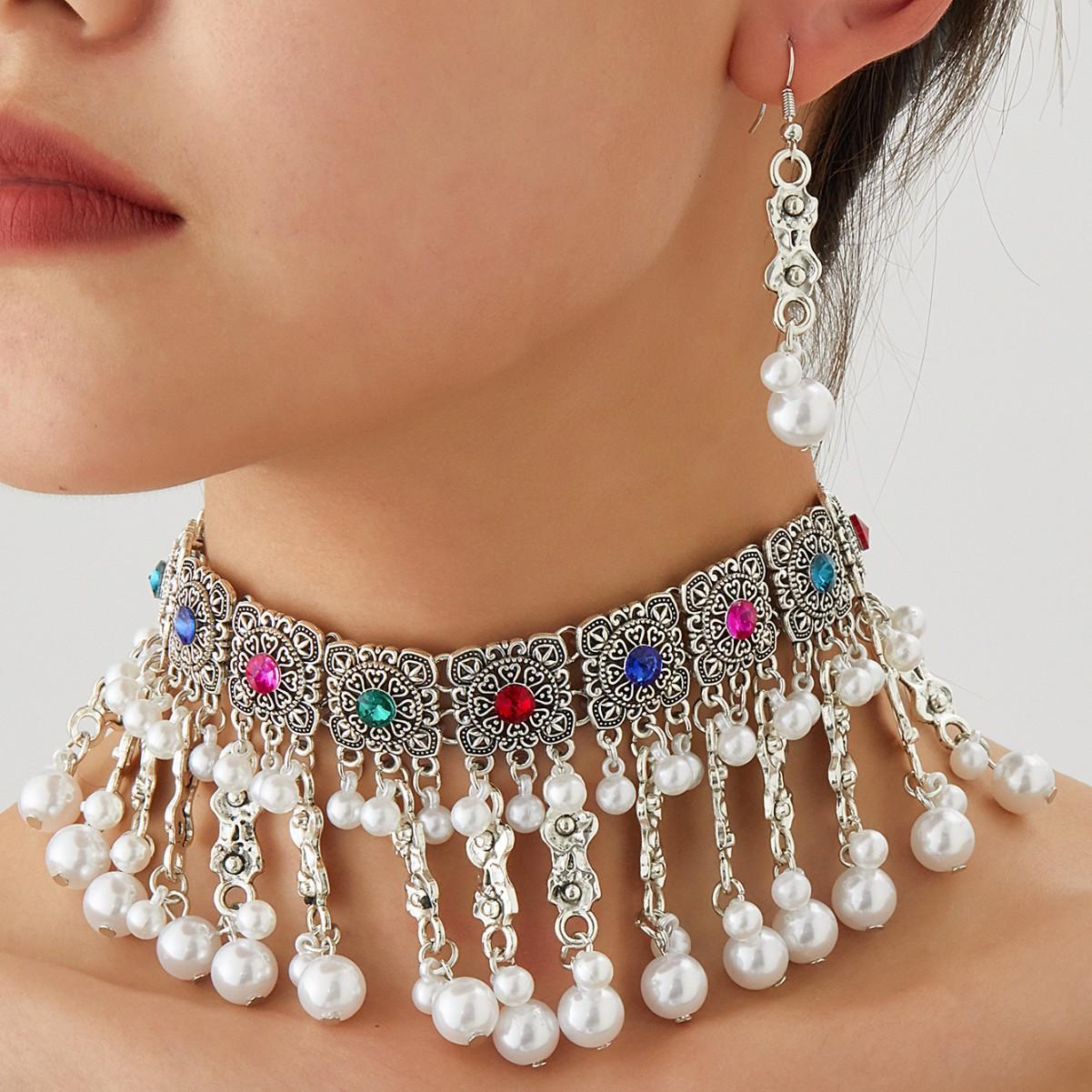 Bohemian Vintage Pearl Necklace and Earrings Set , Ethnic Tassel Pendant Jewelry Gift multicolor