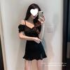 High-end Elegant Red Dress Lotus Leaf One-word Short-sleeved Fishtail Waist Clothes Pleated Suspender Short Dress