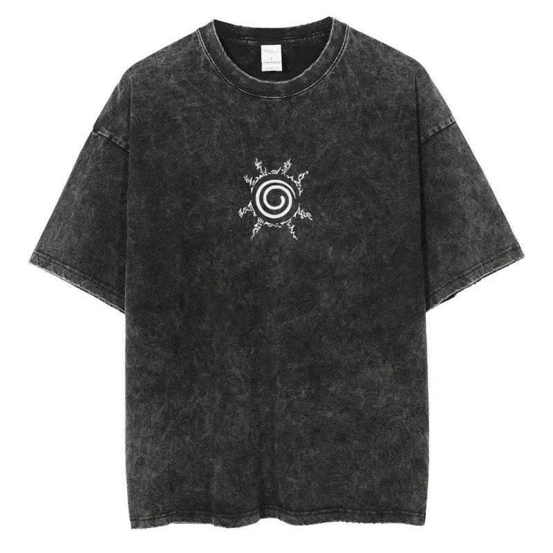 Japanese T-Shirt Harajuku T-Shirt Washed Anime Cotton Retro Black Cotton Printed Crew Neck M