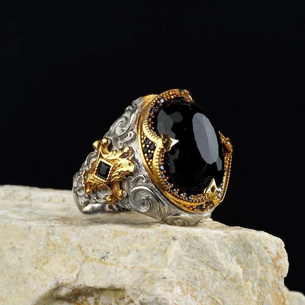 New Copper Material Open Adjustable Ring Amber Zircon Personality High Zircon Fashion Luxury Business Men's High-end Ring