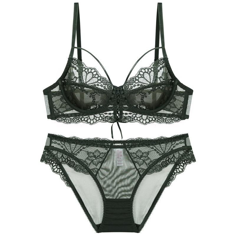 Sexy Ultra-thin Lace Underwear Fashion Ribbon Big Chest Small Semi-see-through Bra Suit Women