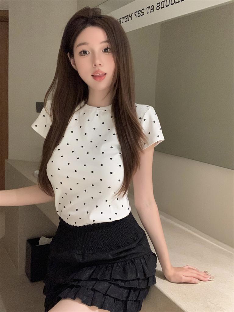 Korean Polka Dot Printing Round Neck Front Shoulder Short-sleeved T-shirt Women's Summer New Slim and Thin Versatile Top Trend