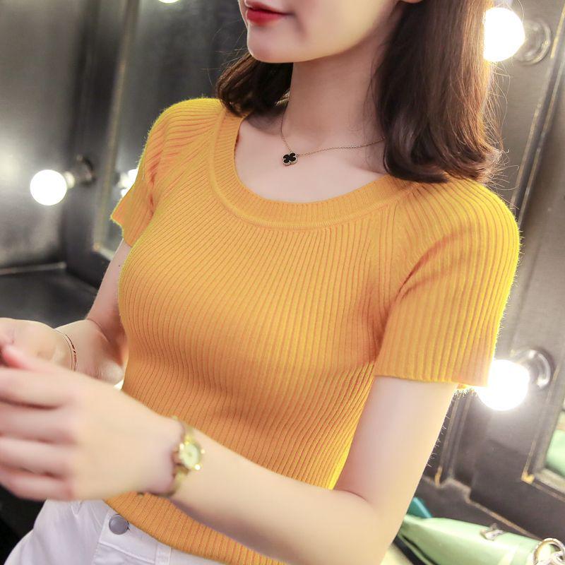 Women's Slim Fit Round Neck Short Sleeve Summer Knit T-Shirt - Solid Color