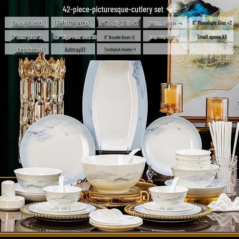 

Zhishi Ink Wash Ceramic 42-Piece Dinnerware Set