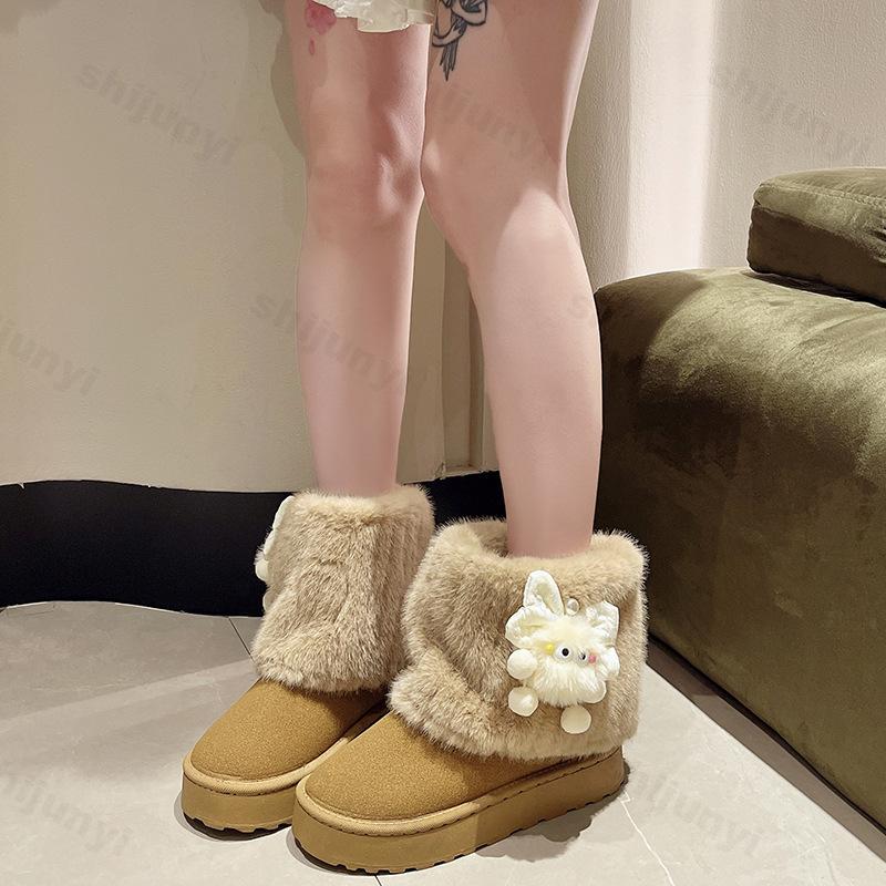 Women Snow Boots 2026 Winter Plush Warm Anti Slip Comfortable Ankle Boots Fluffy Round Toe Platform Butterfly Knot Cotton Boots