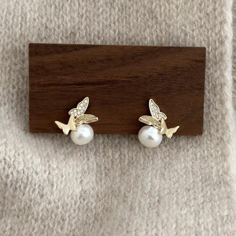 Elegant French Butterfly Pearl Stud Earrings for Women - S925 Silver Needle, Trendy and Fashionable