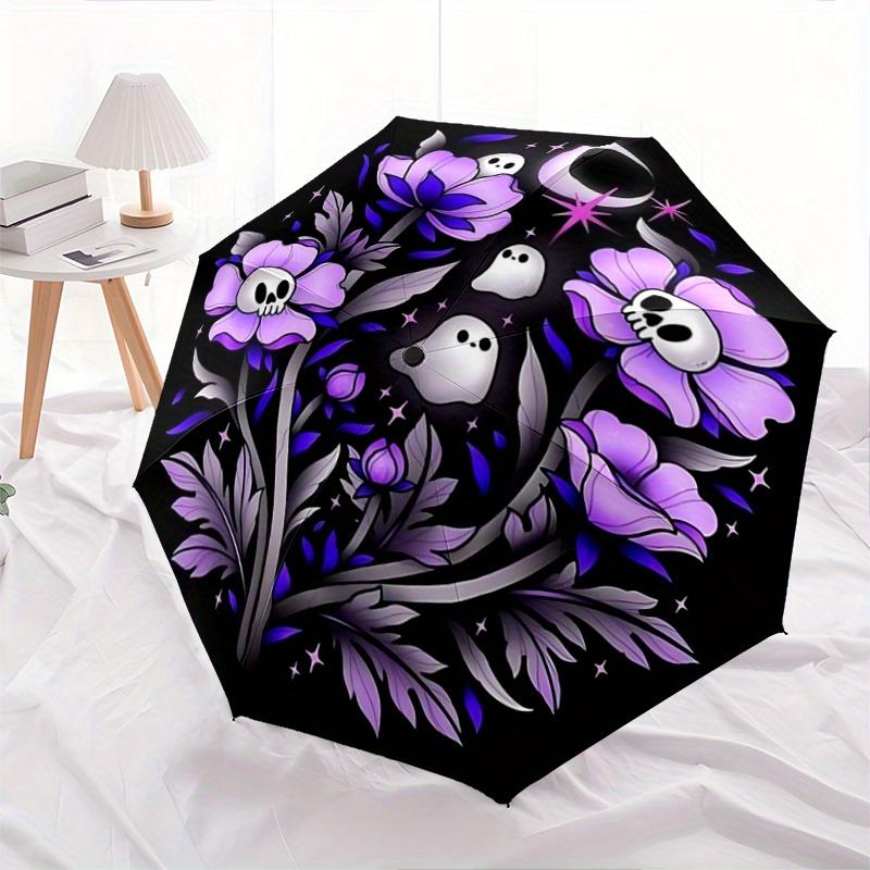 1pc Skeleton Ghost Flower Automatic Open/CloseUmbrella-CuteUmbrella with Cute Design, Portable 3-Fold Compact Umbrella for Men & Women, Vale