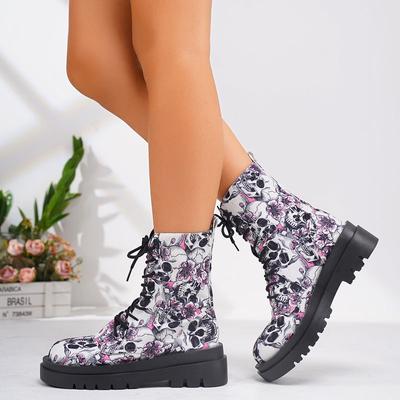 Botas de Outono Femininas com Estampa de Halloween Dia de Todos os Santos Morcego Abóbora Botins Góticos Sapatos Moda Salto Plataforma Cadarço Botas de Montaria