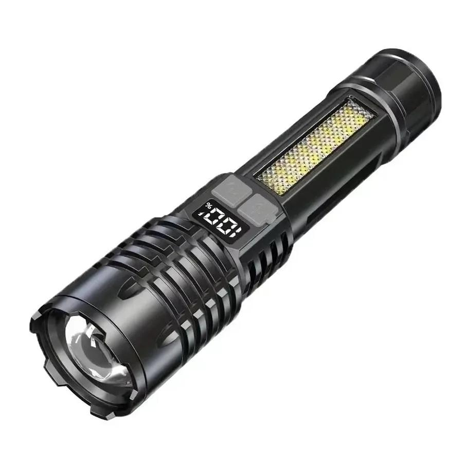 High Power LED Flashlights with Display Screen Portable Rechargeable Zoom Tactical Torch Lamp with Emergency Side Lights Lantern
