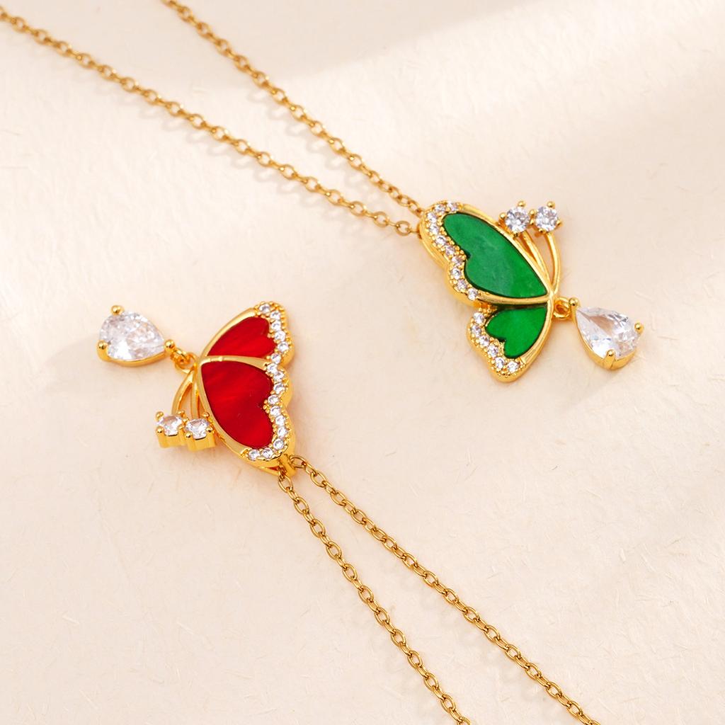 Fashion Shell Butterfly Zircon Pendant Necklace Gold Color Stainless Steel Chain Jewelry Gifts for Women Teen Girls