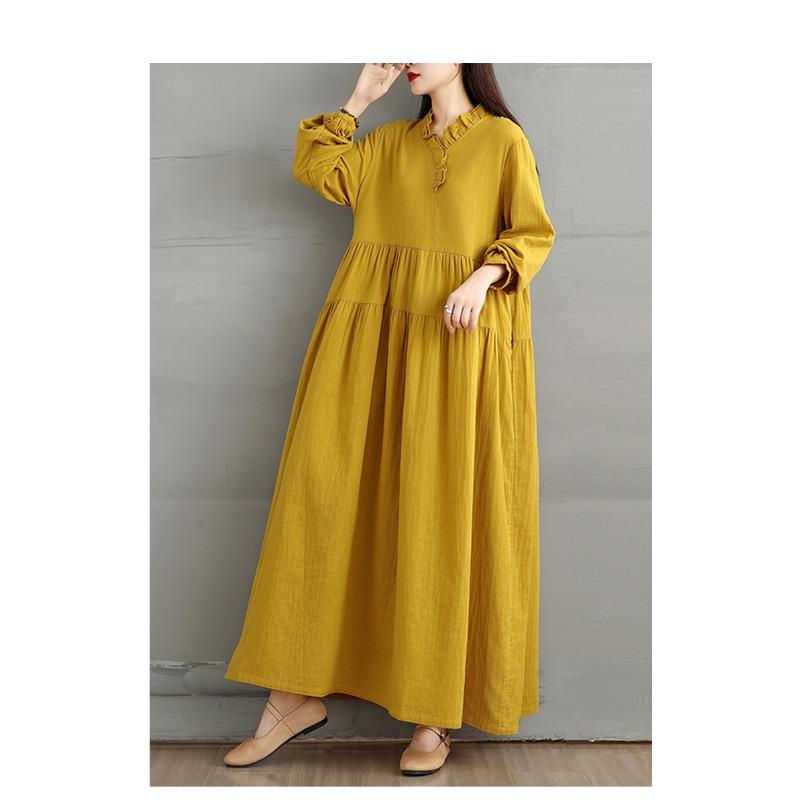 DIMANAF Damen Übergröße Herbst Langes Kleid Locker Vintage Lässig Oversize Langarm Maxi Vintage Kleid 2025
