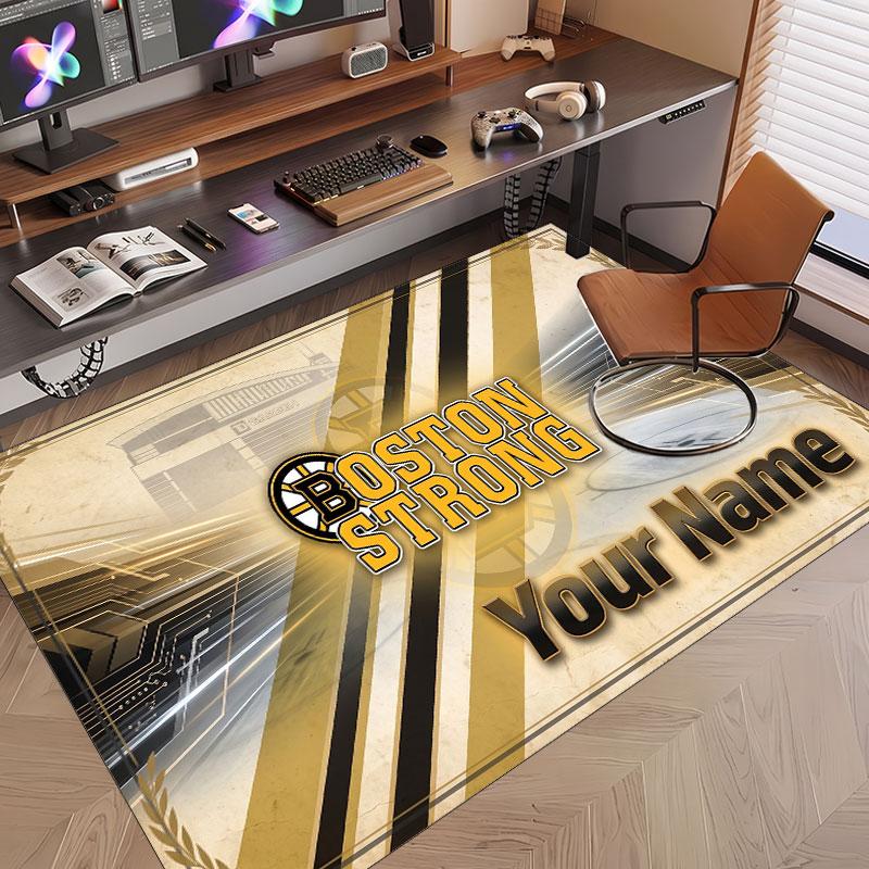 Custom Rug Boston Bruins Pattern Print Name Text Soft Non‑Slip Floor Carpet for Home Indoor Decoration