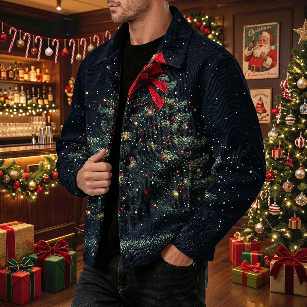 Men's Casual Loose Fit Long Sleeve Jacket with Lapel Collar Christmas Print for Fall