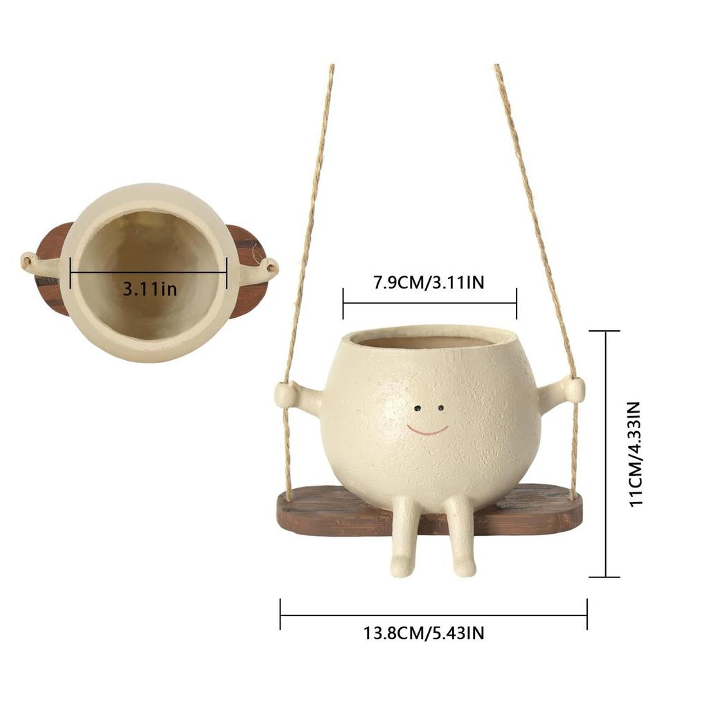 Hanging Resin Planter Pot Exquisite Lovely Unique Swing Face Flower Plant Pot with Rope Decoration for Garden Patio Balcony