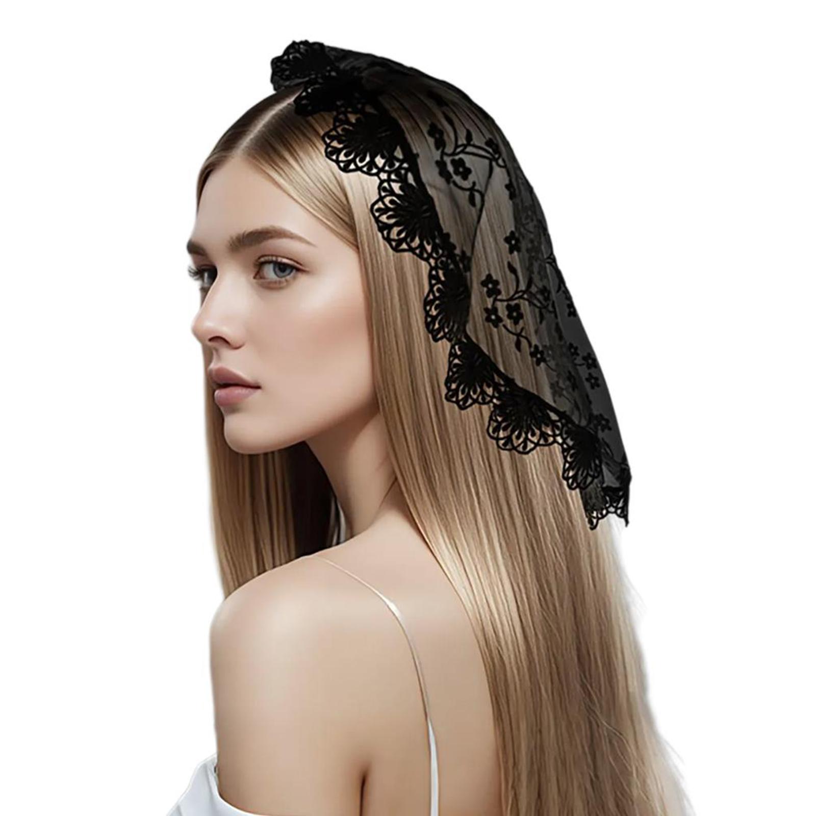 

Элегантный кружевной платок на голову с нежным цветочным узором, головной убор, повязка на голову, головной убор для церковных служб и выпускного вечера чёрный
