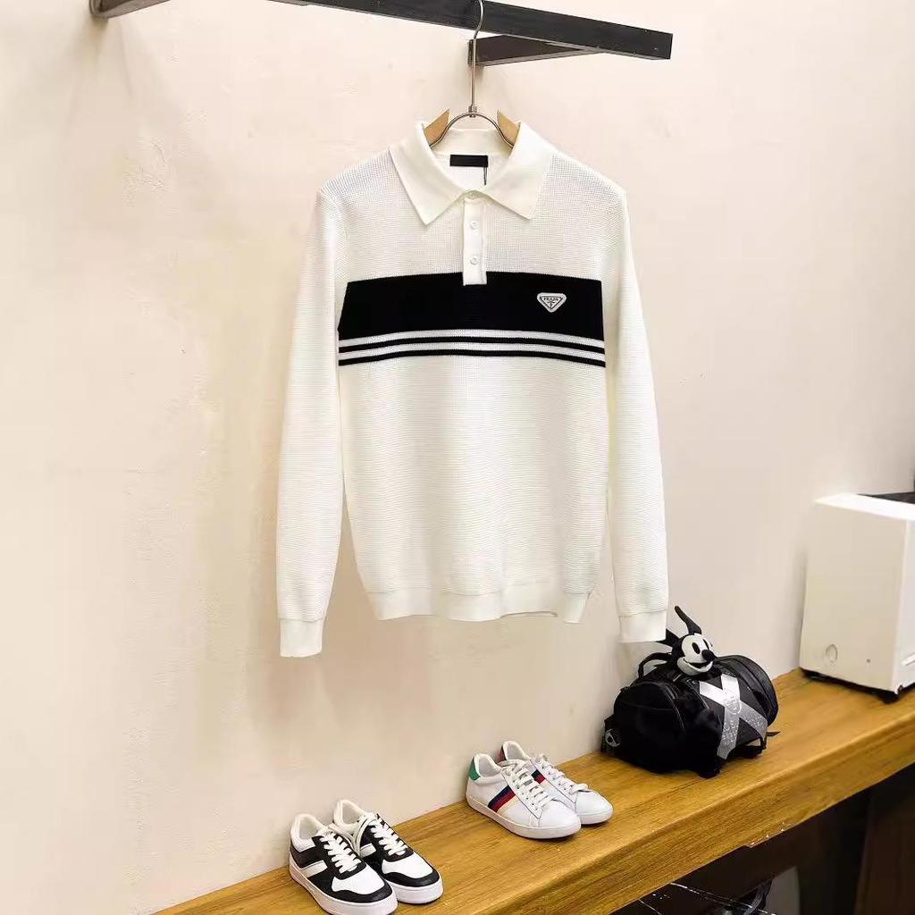 European Men's Luxury Knit Polo with Stripe Patchwork and Triangle Logo