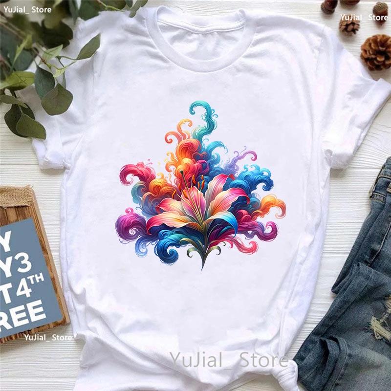 Colorful Smoke Flower Printed T Shirt T Shirt Unisexs Clothing Summer Fashion Short Sleeve Tshirt Femme Casual White Tshirt