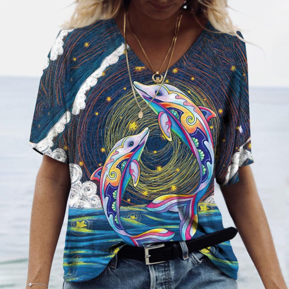 Women's T-Shirts Dolphin Print Tops V-Neck Fashion Female Vintage Aesthetics Tees Loose Oversized Funny Clothing
