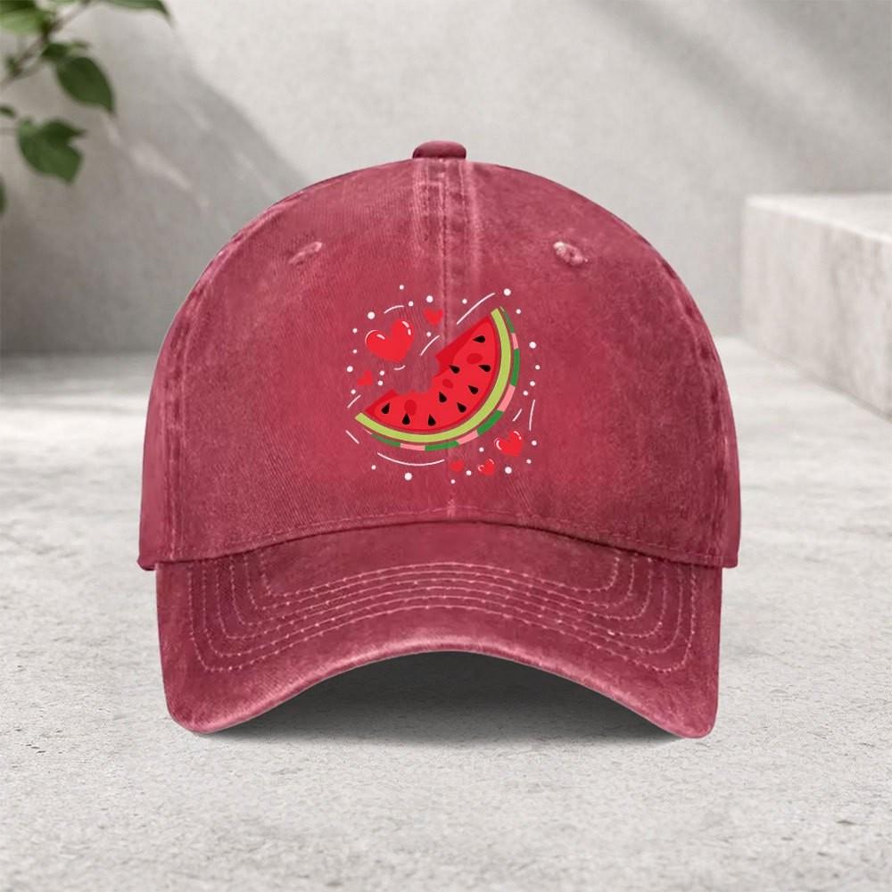 Watermelon Hearts Washed Denim Baseball Cap Vintage Adjustable Outdoor Street Style Hat