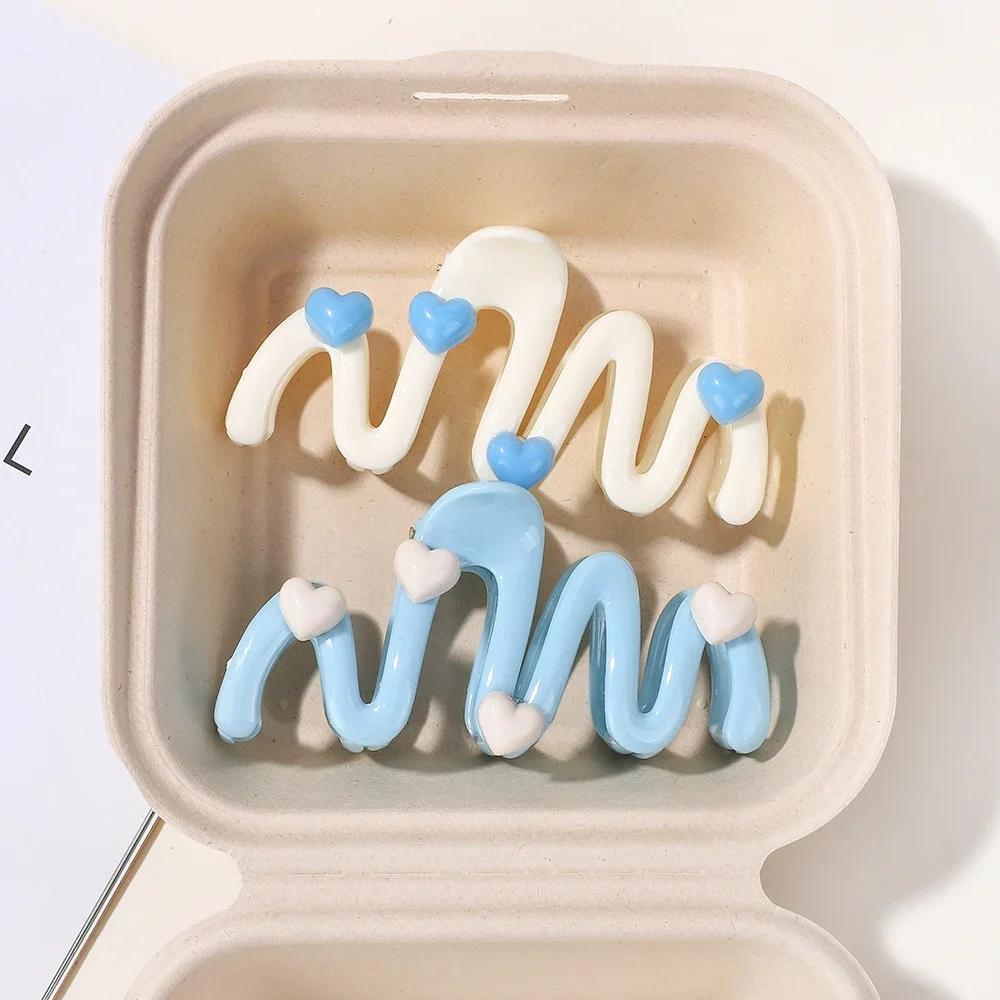Cream Color Blue Heart Wave Shaped Hair Claw Clips for Women Sweet Irregular Shark Clip 10.5CM Large Ponytail Clip Hairpins