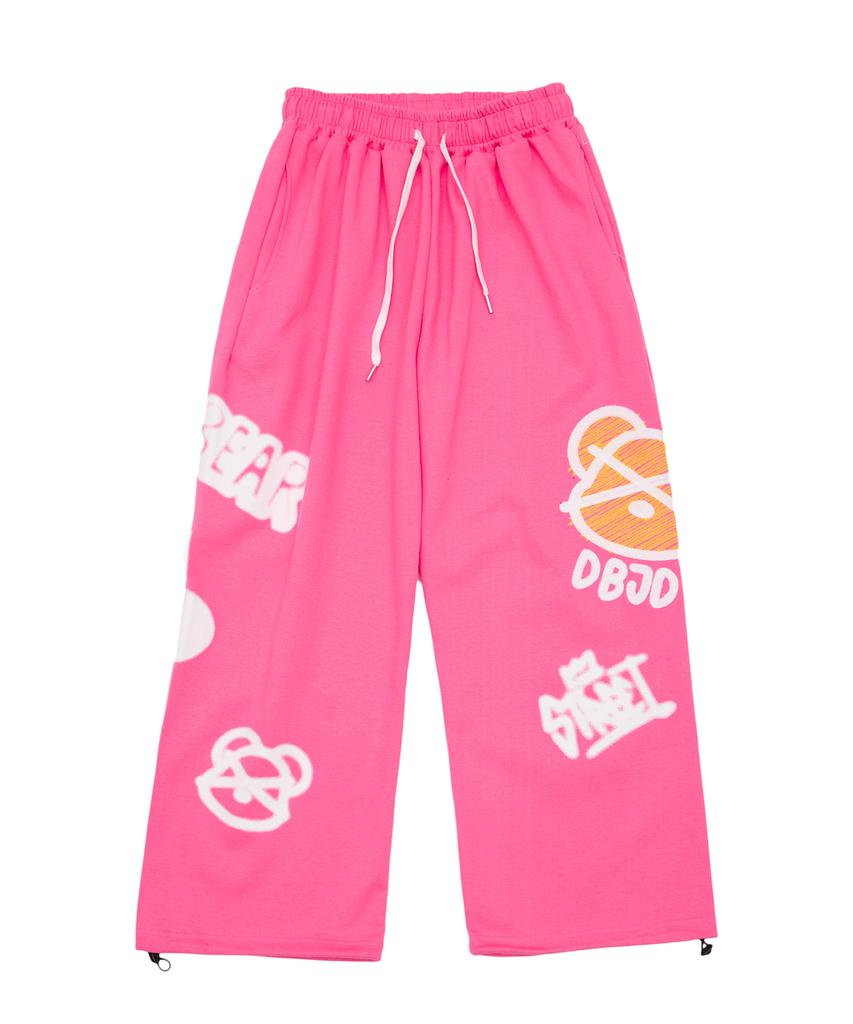 DOUBLE JD Bear Embroidery Wide String Pants (Pink)