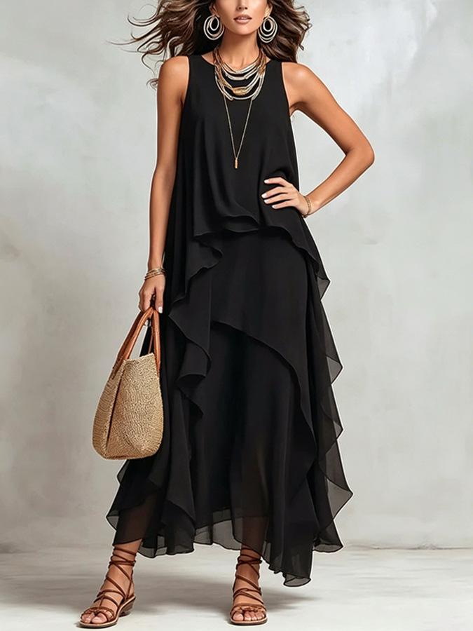 European and American Women's Clothing Black Sleeveless Asymmetrical Oversized Skirt Temperament Elegant Chiffon Dress