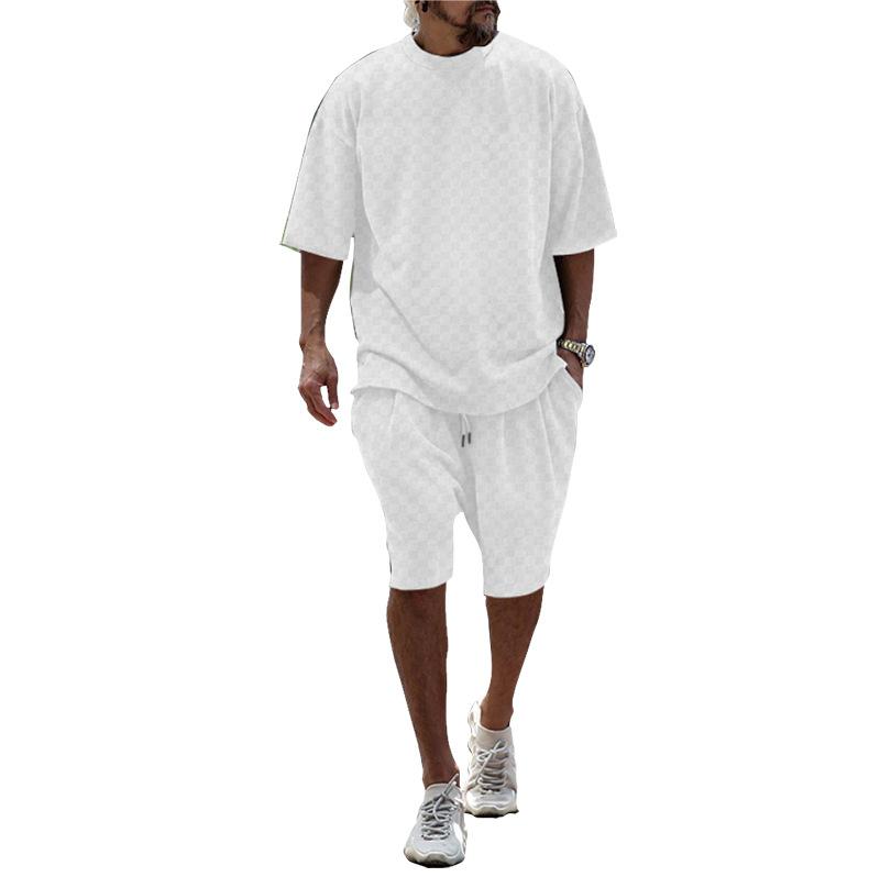 

Мужская летняя жаккардовая клетчатая футболка с коротким рукавом, свободные прямые повседневные шорты, костюм XXXL белый