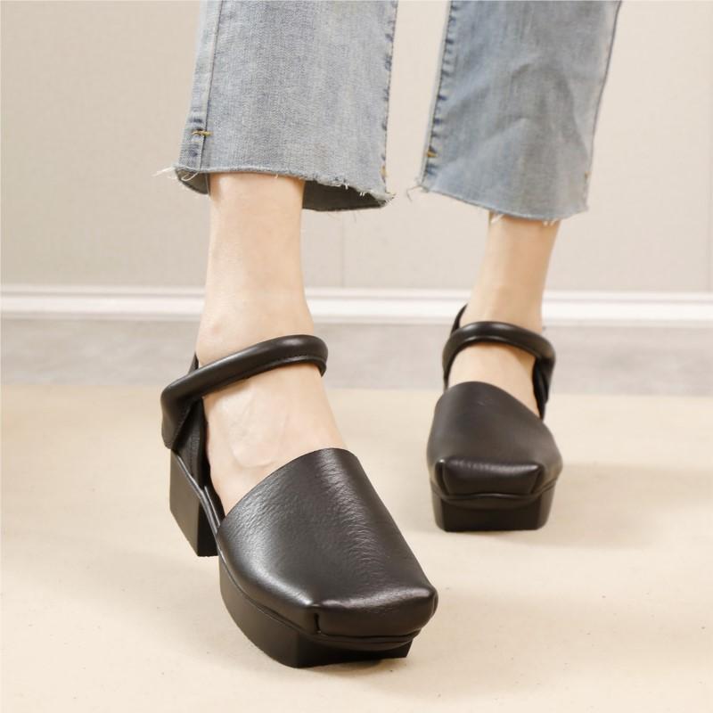 Móda GKTINOO 2025 Léto Nové Vintage Sandály na silné podrážce se čtvercovou špičkou Všestranné Dámské boty na středním podpatku z pravé kůže