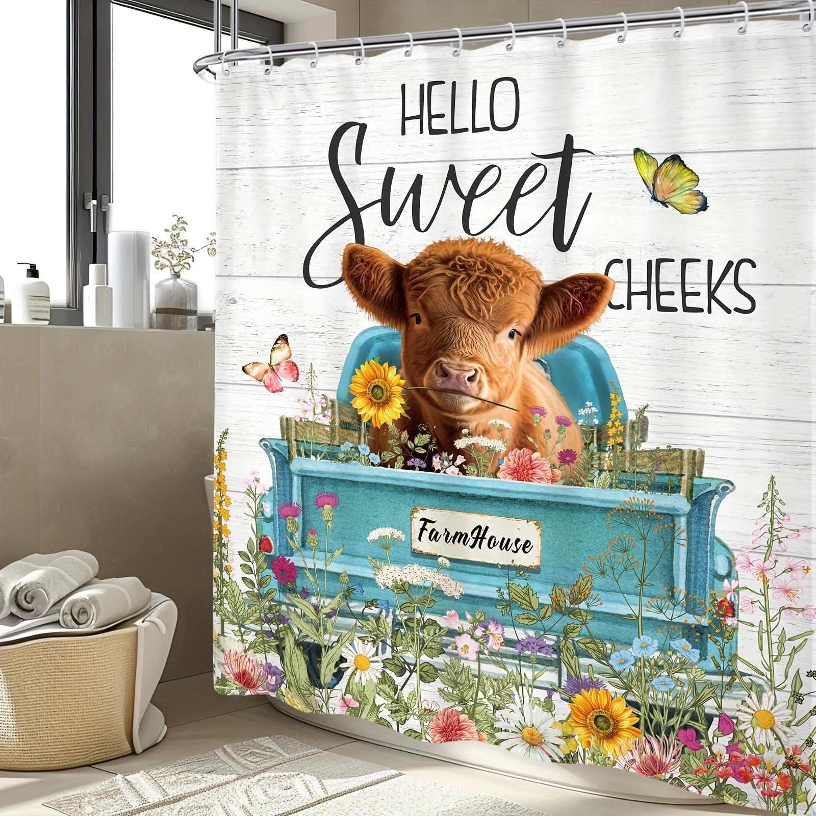 

1Pc Shower Curtain - Farmhouse Style With Cute Highland Cow And Colorful Flowers Design For A Cozy Bathroom Waterproof W60H190(CM)-1 Pcs