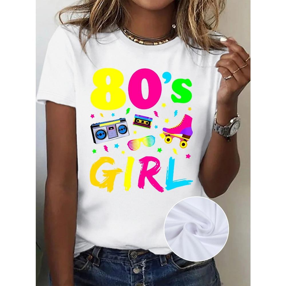 Sleeve Polyester Spandex Blend Crew Neck Medium Stretch Graphic Shirt Girl Retro Radio and Roller Skates Print T-Shirt Casual