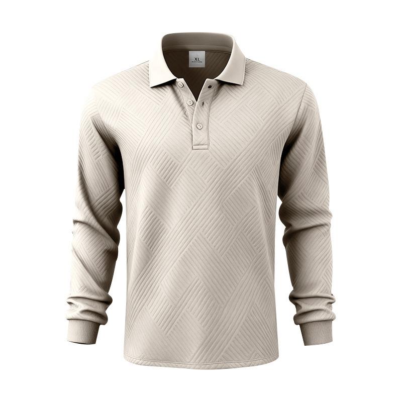 New Men's Solid-Colour Relaxed-Fit Casual Polo Shirt Long-Sleeved Button-Down Collar Jacquard Textured Sweatshirt