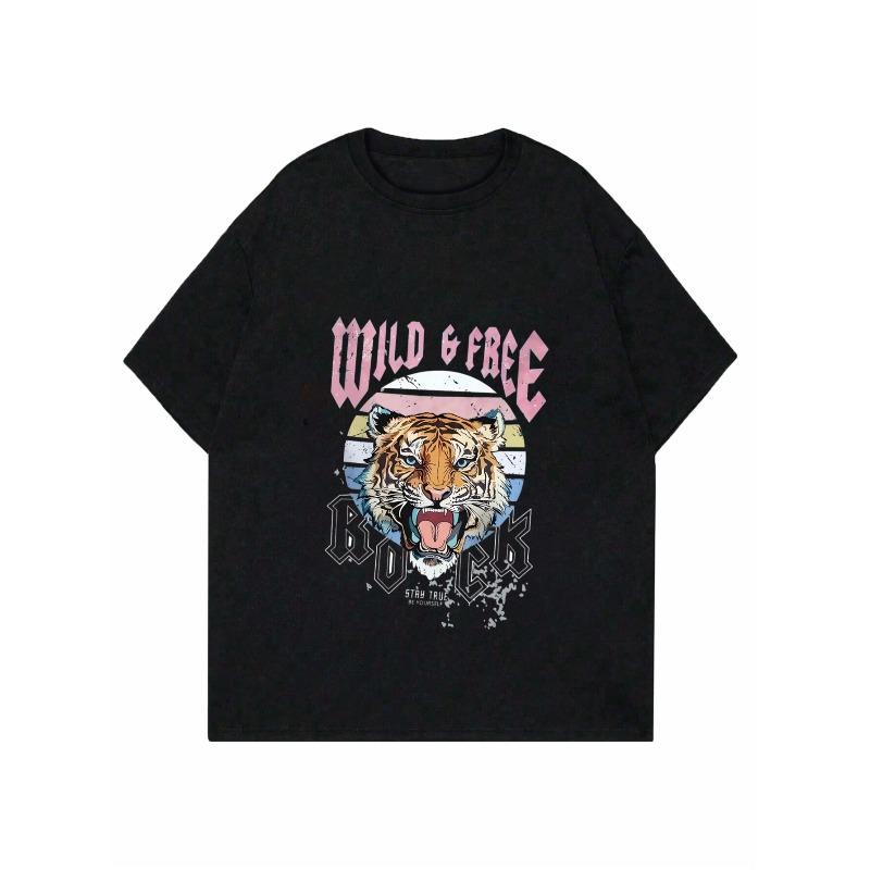 Women Casual T Shirt Black Tiger Print Wild And Free Rock Statement Graphic Top For Everyday Wear Summer Outfits Streetwear Fashion