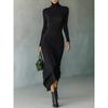 Damen Rollkragen Langarm Raffung Asymmetrisch Midi Kleid Schlanke Passform Elegant Wickel Bodycon Kleid