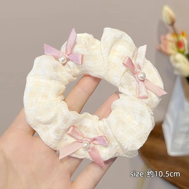 Pink Bow Sweet Satin Checkerboard Bow Hair Tie Women Ponytail Cute Hair Ring Fashion Hair Accessories