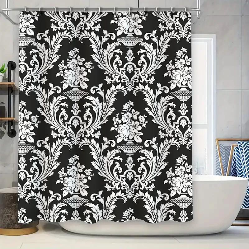 Black White Damask Shower Curtain Luxury Bathroom Decor