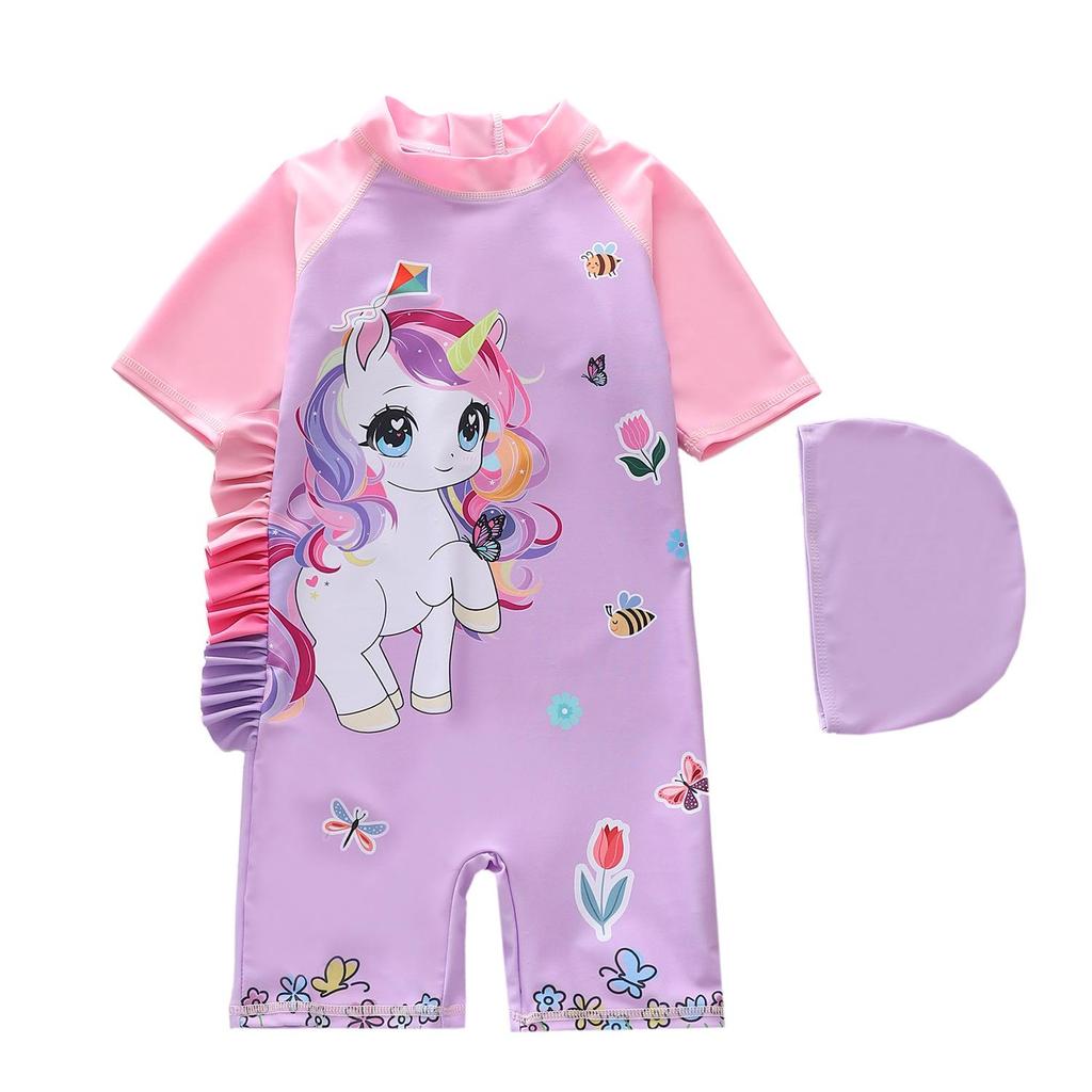 2026 Girls' One-Piece Swimsuit: Cute, Sun-Protective, Short Sleeves, Shorts for Surfing & Pool Activities