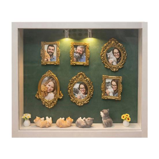 DIY Mini Museum Silhouette Box with Light Family Memory Photo Display Case Kit with 6 Gold Mini Frames 4 Miniature Cats 2 Potted Plants for Cat Lovers