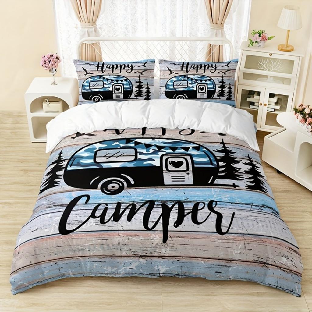 3pcs Blue Happy Camping Winnebago 3D Printed Bedding Set Cozy Duvet Cover King Queen Twin Size Birthday Gift Bedroom Decoration