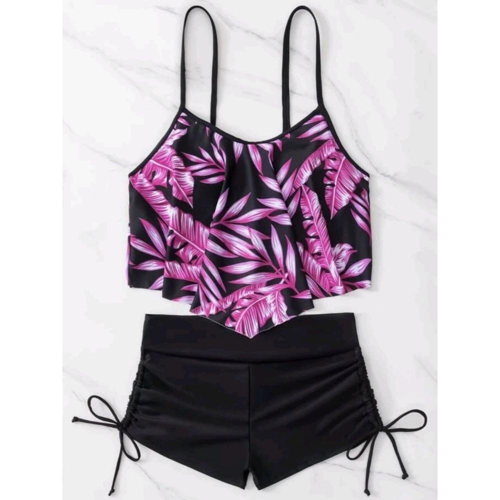 European and American Swimwear Printed Multi-color Large Lotus Leaf Corset Drawstring Boxers Swimsuit