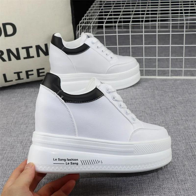 Fashion Super High Heel 10cm Women's Shoes 2024 Autumn New Thick-soled Lace-up White Shoes All-match Wedge Casual Shoes Sneakers
