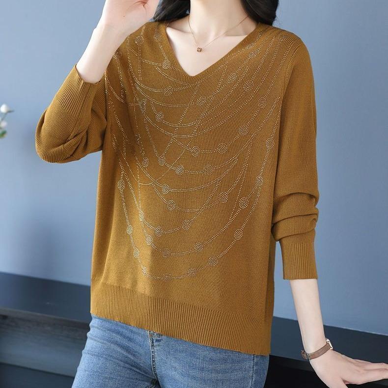 Maglione da donna con scollo a V Primavera Autunno Manica Lunga Ampio Morbido Delicato sulla Pelle Top a Maglia Pullover a Maglia con Strass