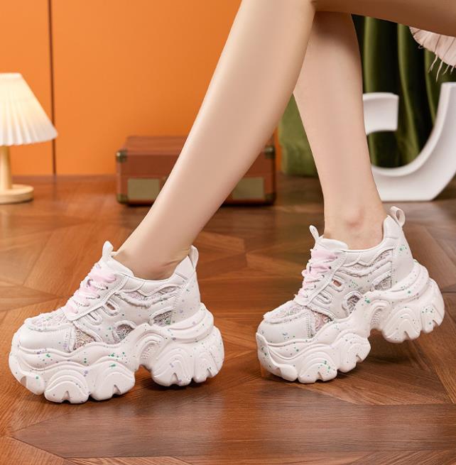 Fashion 9CM Air Mesh Microfiber Leather High Brand Comfy Shoes Sandals Women Platform Wedge Fashion Summer Chunky Sneaker Lace Up