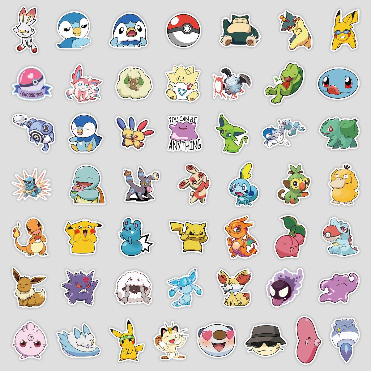

50 Sheets of Japanese Anime Pokémon Doodle Stickers, Water Cup, Luggage, Waterproof Decorative Stickers, Creative Anime Stickers