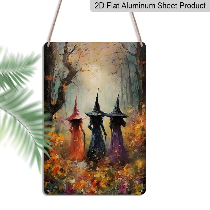 2D Flat Three Witches Autumn Forest Vintage Metal Sign - 8.0x12.0inch Aluminum Wall Art, Gothic Halloween Witch Decor for Home, Garden - Easy Install